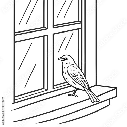 Line drawing of a small bird perched on a windowsill sparrow