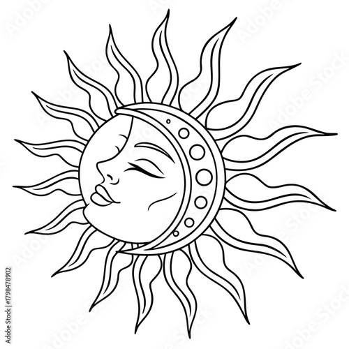 Celestial Sun and Moon Face with Fiery Rays and Crescent Moon astrology