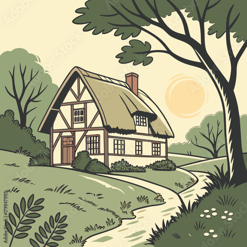 Tudor style cottage with thatched roof in a green landscape house home
