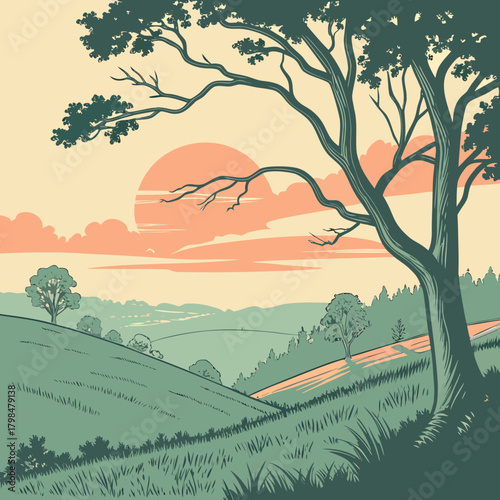 Vintage Landscape with Large Tree and Rolling Hills at Sunset retro sunrise