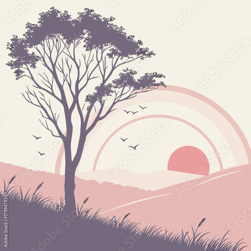 Lone Tree on Grassy Hillside with Rainbow and Birds at Sunrise vector illustration