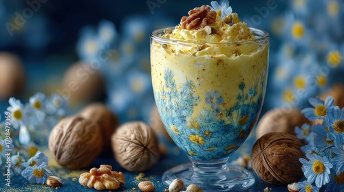 A glass filled with a blue and yellow liquid, topped with nuts, is placed on a table. The nuts are spread out around the glass and the table, creating a visually appealing and appetizing display