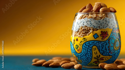 A glass of food with almonds on top of it. The glass is blue and yellow