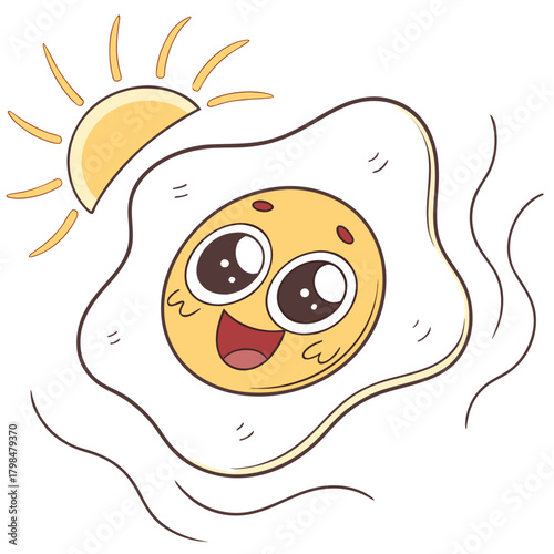 Cheerful Fried Egg Character With Rising Sun cartoon happy