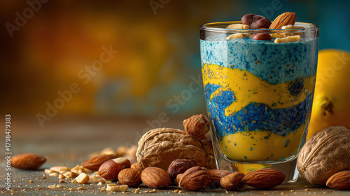 A glass of blue and yellow drink with nuts on the table. The drink is in a glass and the nuts are scattered around it