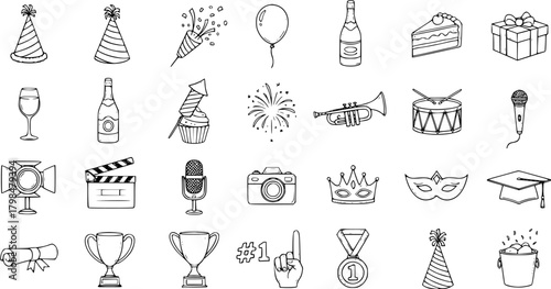 Vector hand drawn doodle sketch icon set for celebration, party, festive events, entertainment, music, academic success, and winning achievements.
