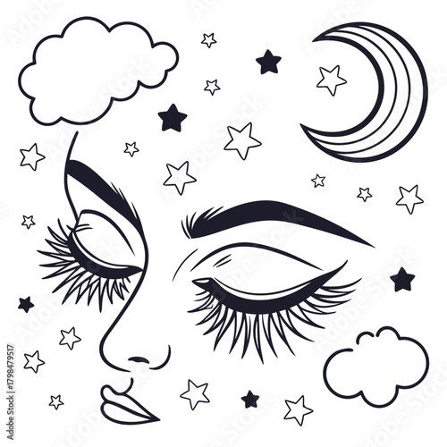 Outline of a Woman's Face with Clouds, Moon, and Stars female profile