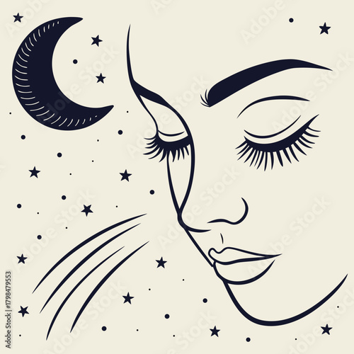 Stylized Face of a Woman Under a Crescent Moon and Stars female profile