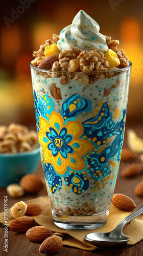 A colorful glass filled with a delicious milkshake topped with nuts and a spoon. The glass is placed on a wooden table, and there are a few almonds scattered around it
