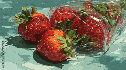 A close up of three strawberries in a plastic bag. The strawberries are red and appear to be fresh. The bag is clear, allowing the viewer to see the strawberries inside