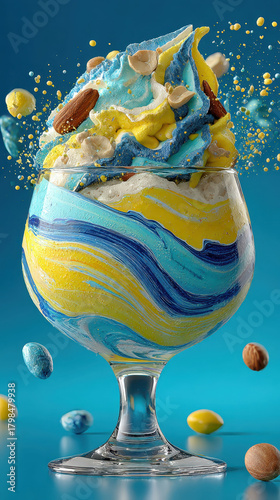 A glass of ice cream with blue and yellow swirls and nuts on top. The image has a playful and fun mood, as it looks like the ice cream is exploding out of the glass