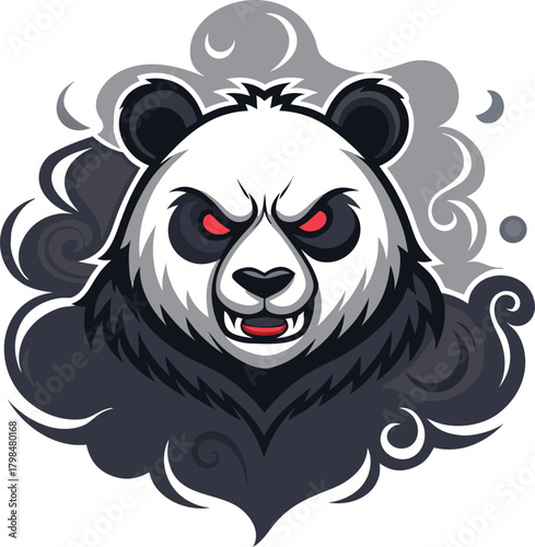 Furious Panda Bear Mascot Emblem Illustrated with Intense Red Eyes and Baring Teeth, Surrounded by Dynamic Swirling Smoke Clouds Representing Strength and Aggression