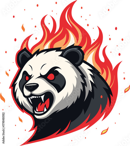 Furious panda mascot with blazing flames, a powerful emblem depicting intense determination and wild strength, ideal for gaming, sports, or team branding that projects a fearless competitive spirit