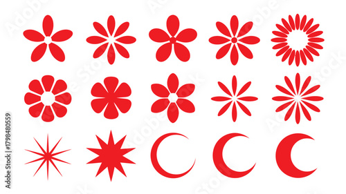 Set of Red Floral and Crescent Moon Icons on White Background in Rows