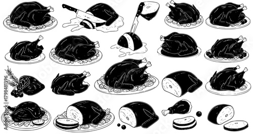 Collection of hand-drawn whole roasted turkeys and chickens, including carved and sliced portions with individual parts, perfect for Thanksgiving, Christmas, or festive holiday meals