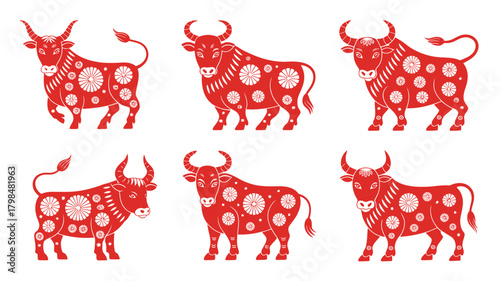 Six Red Year of the Ox Designs with Floral and Star Cutout Patterns on White