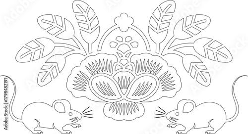 Stylized Black and White Two Mice Flanking Floral Design, Ornamental Leaves, Simple Lines