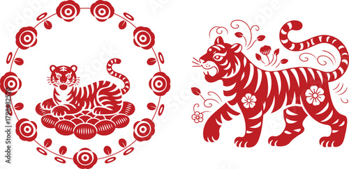 Stylized Red Tiger Illustrations One Within a Floral Frame, the Other Walking with Floral Accents
