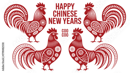 Stylized Red Roosters with Flower Motifs Celebrating Chinese New Year on White Background