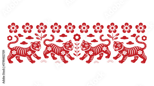 Symmetrical Red Tiger Lunar New Year Paper Cut Illustration With Flowers and Clouds