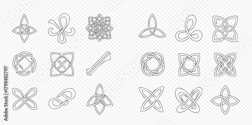 Collection of various intricate Celtic knot designs and interwoven patterns in line art style on a transparent background.