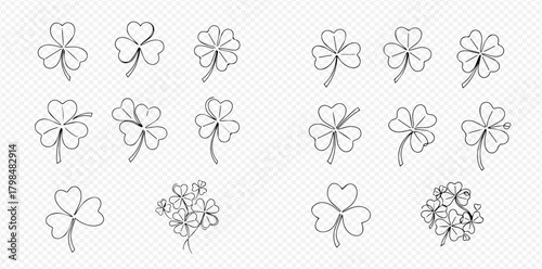 Collection of various hand-drawn clover and shamrock line art illustrations, featuring both three-leaf and four-leaf designs.