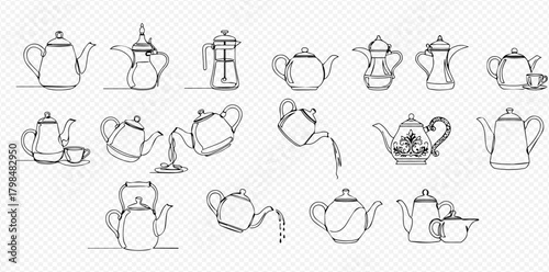 A collection of continuous line art drawings depicting various teapots, coffee pots, and kettles, some pouring liquid.