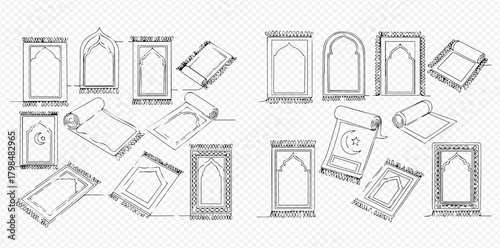 Sketch style collection of Islamic prayer mats, showing various designs, some rolled and some flat, for religious worship.