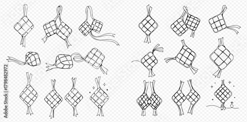 Hand-drawn sketch collection of traditional ketupat rice cakes, a symbol of Eid al-Fitr celebration in Southeast Asia, featuring various woven diamond shapes.