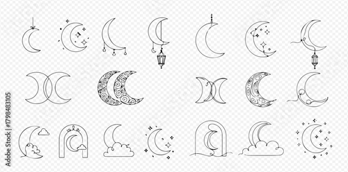 A collection of various crescent moon line art icons with stars, lanterns, and clouds, suitable for religious and celestial designs.