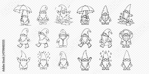Collection of cute line art gnomes in various poses and weather conditions, including rain and umbrellas, perfect for whimsical designs.