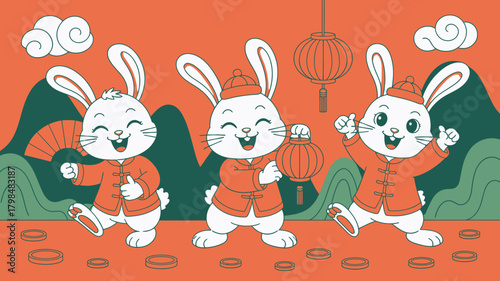 Three Cheerful Rabbits Celebrate Lunar New Year Wearing Traditional Clothes with Lanterns