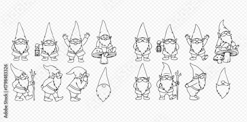 Line art illustrations of various garden gnomes in different poses and with different accessories.