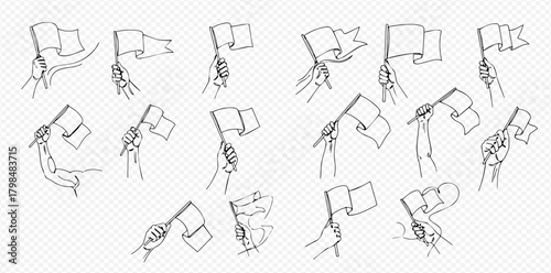 Hand-drawn sketch collection of hands holding blank flags in various shapes and waving positions, isolated on a transparent background.