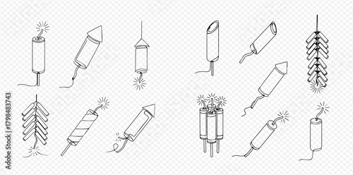 Line art illustration set of various firecrackers and fireworks, including rockets, cylindrical explosives, and a string of firecrackers, for celebration designs.