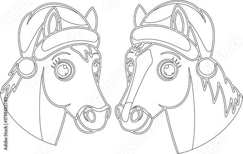 Two Outlined Horse Heads Wearing Hats Coloring Page Ready to Print