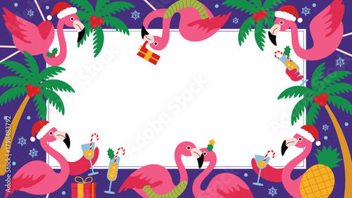 Tropical Christmas Frame with Pink Flamingos, Palm Trees, Drinks, Presents and Snowflakes on Blue Background