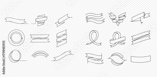 Collection of various continuous line art ribbon and banner shapes, perfect for minimalist graphic design elements and decorative frames.