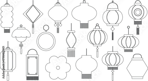 Various Outlined Chinese Lanterns Round, Square, Flower, Oval, Rectangle, Different Shapes and Styles