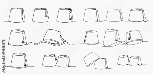 Continuous line art drawing of traditional Turkish Fez hats in various positions and arrangements.