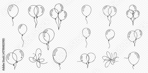 A collection of minimalist line art illustrations depicting various balloons, including single, paired, and grouped designs, on a transparent background.