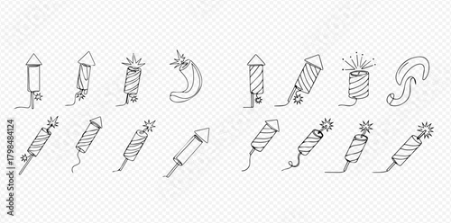 A collection of hand-drawn line art illustrations depicting various types of fireworks and pyrotechnic devices.