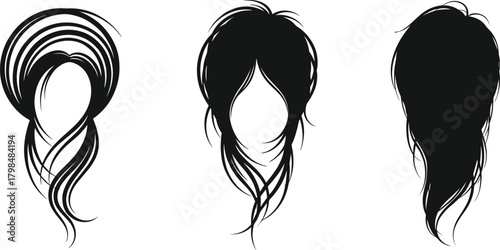 Stylized hairstyle silhouette set, modern hair design, black vector clipart, layered cuts, wavy styles, fashion beauty elements, isolated graphic illustration