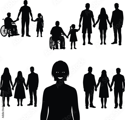 Family silhouettes with wheelchair user, inclusive parent child figures, disability support illustration, diverse family group set, caring community concept