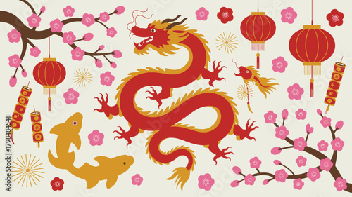 Vibrant Chinese New Year Illustration with Dragon, Lanterns, Plum Blossoms, and Festive Elements