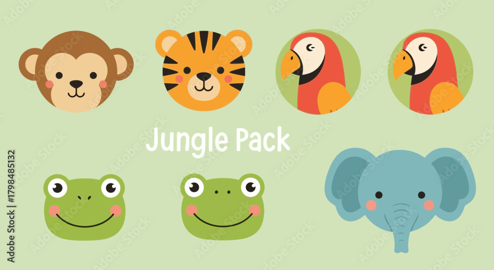 Fototapeta premium Adorable Jungle Animal Pack Featuring Monkey Tiger Parrot Frog and Elephant Characters