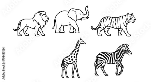 Black and white outlines of various wild animals including lion elephant tiger giraffe and zebra