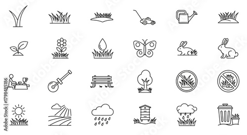 Collection of minimalist line art icons representing various garden and outdoor elements