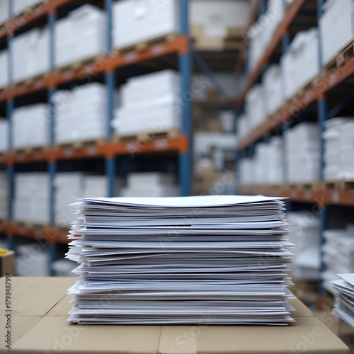 High-resolution photo of documents and a stack of paper on top of a copy machine in the background, with warehouse shelves full of white file sheets. The image is in focus, with a