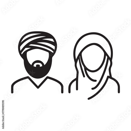 Islamic men and women icon character outline. Arabic vector design.